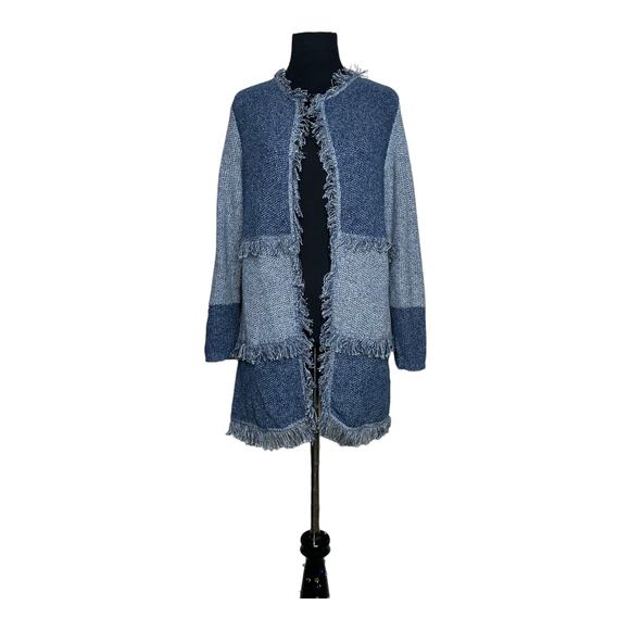 Chicos Blue Patchworks Long Sleeves Fringe Open Front Cardigan size 0 - S - Picture 10 of 12